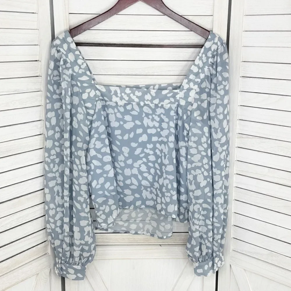 Lucca Petal Print Square‎ Neck Crop Blouse Blue White Large Long Balloon Sleeve
